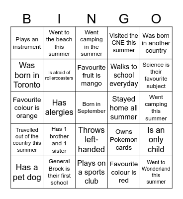 First Day Bingo Card