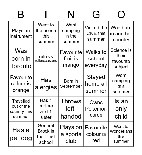 First Day Bingo Card