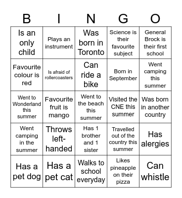 First Day Bingo Card