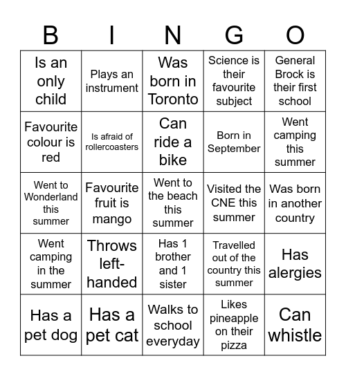 First Day Bingo Card