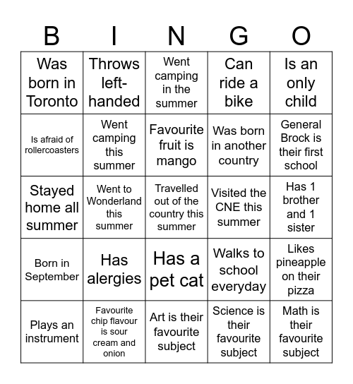 First Day Bingo Card