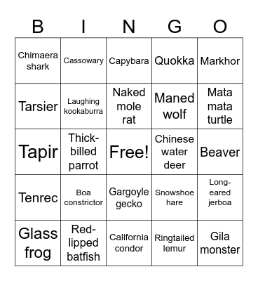 Animal Bingo Card