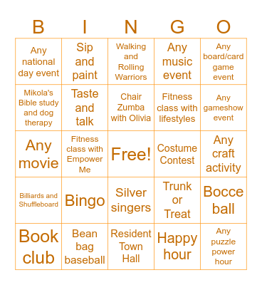 October Activities Bingo Card