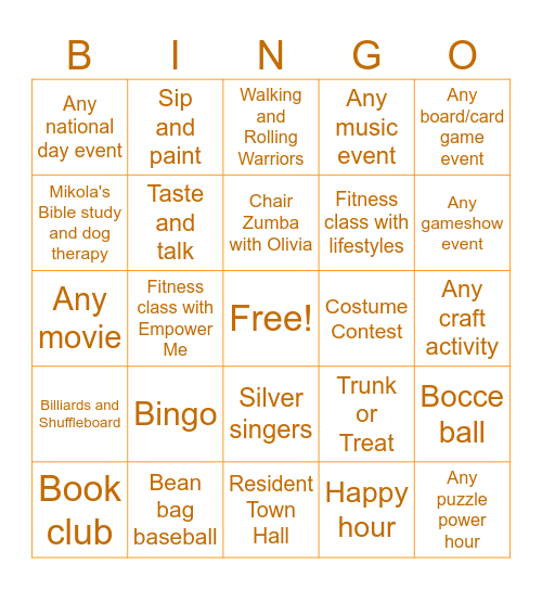 October Activities Bingo Card