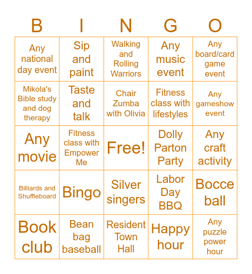 September Activities Bingo Card