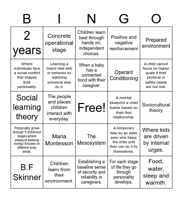 Nurture Baby Bingo Card