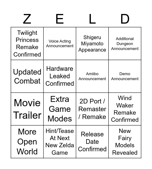 Zelda's 40th Direct Bingo Card