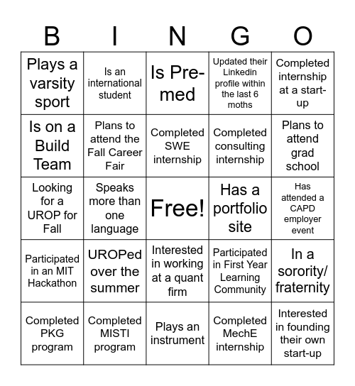 UPOP Mingle Bingo Card