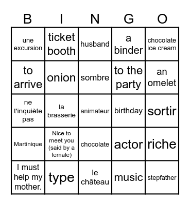 French 1 and 2 Bingo Card
