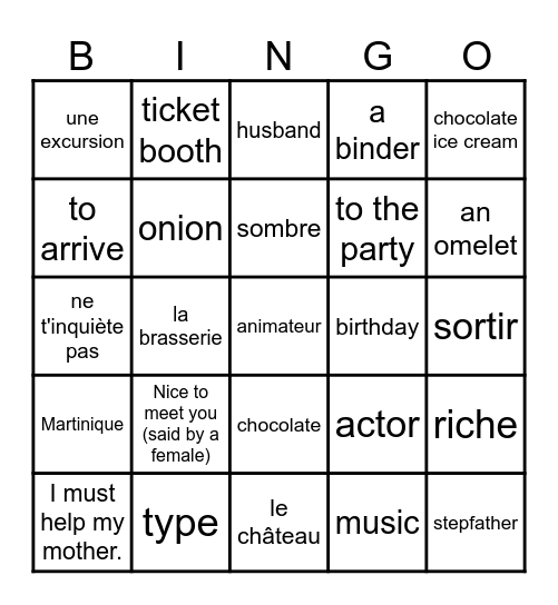 French 1 and 2 Bingo Card