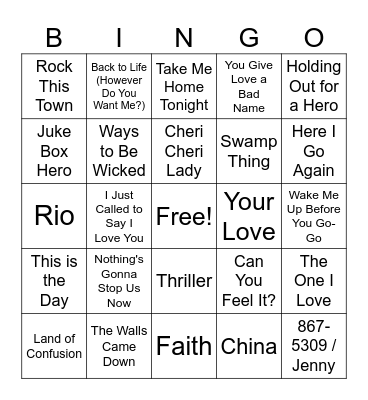 80's Playlist Bingo Card