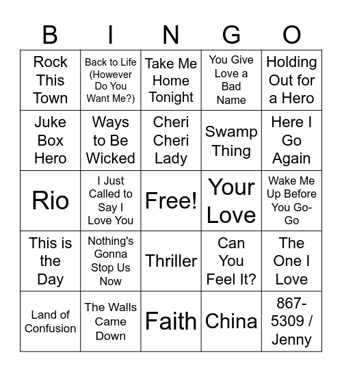 80's Playlist Bingo Card