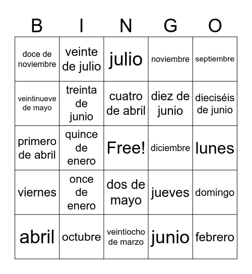 Days, Months and Dates Bingo Card