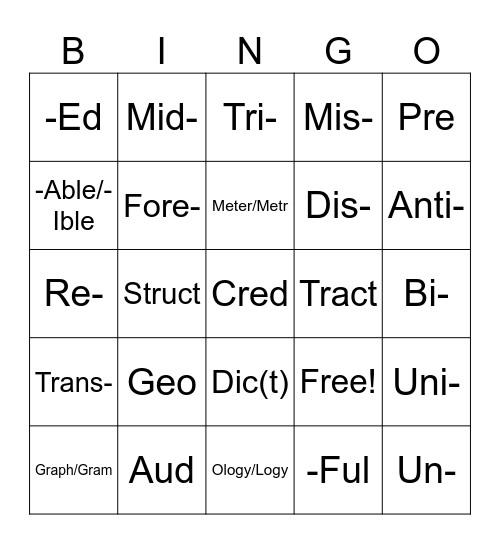 Morpheme Bingo Card