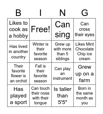 Get to Know You Bingo! Bingo Card