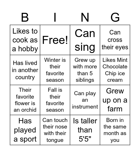 Get to Know You Bingo! Bingo Card