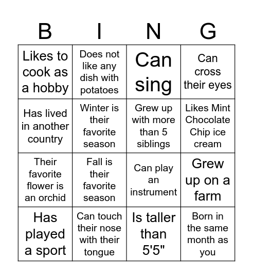 Get to Know You Bingo! Bingo Card