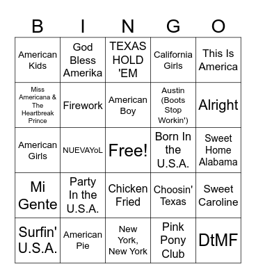 American Music Bingo Card