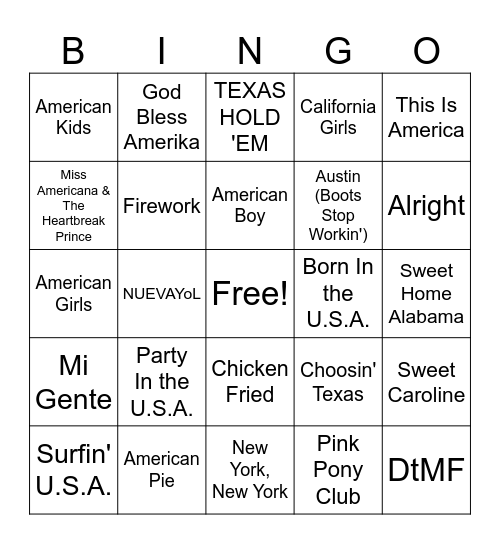 American Music Bingo Card