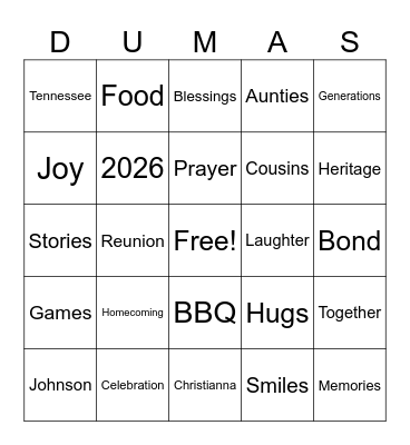 JOHNSON-DUMAS FAMILY REUNION Bingo Card