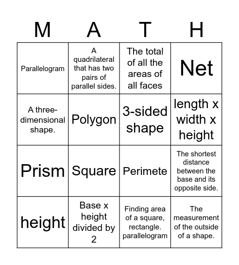 Unit 1 Area Bingo Card