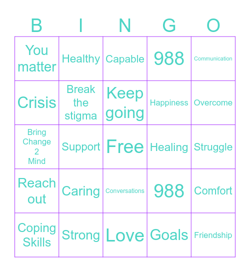 Mental Health Bingo Card