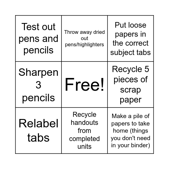 Binder Clean Out Bingo Card