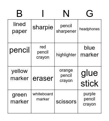 Class Supplies Bingo Card