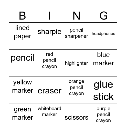 Class Supplies Bingo Card