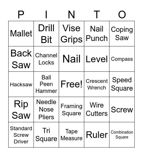 MHS Hand Tool Names Bingo Card
