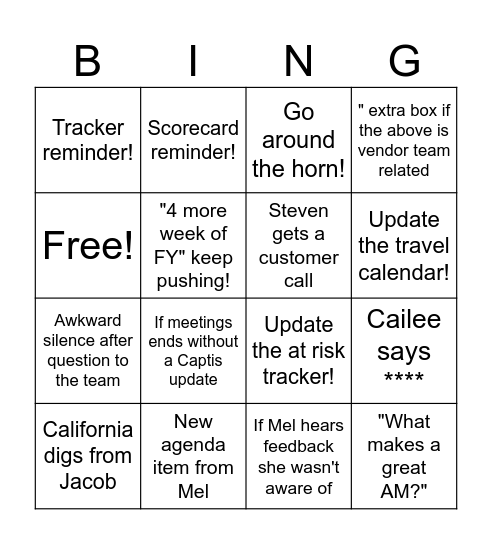 Team Meeting Fun Bingo Card