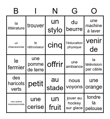 French 1 and 2 Bingo Card