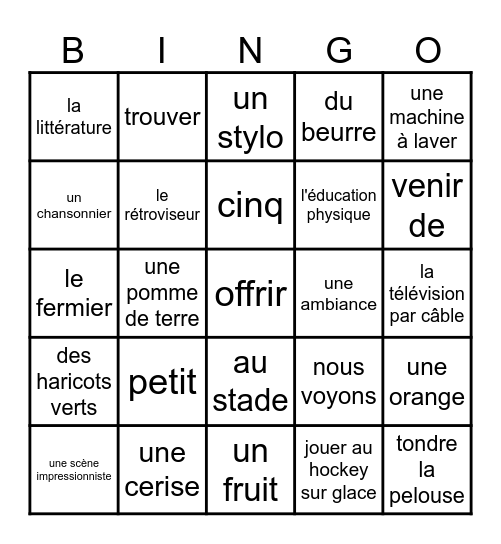 French 1 and 2 Bingo Card