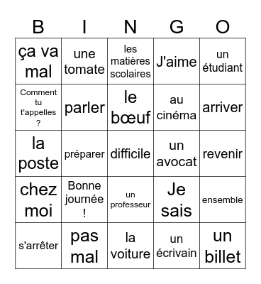 French 1 and 2 Bingo Card