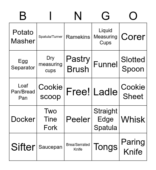Kitchen Tools Bingo Card