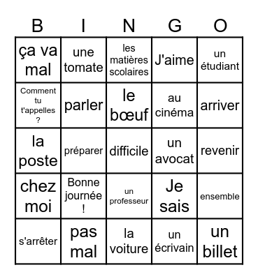 French 1 and 2 Bingo Card