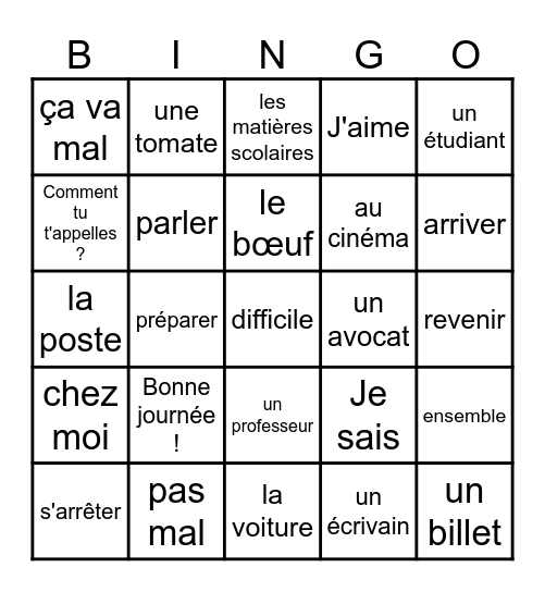 French 1 and 2 Bingo Card