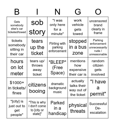 Parking Wars Bingo Card