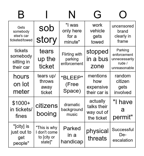 Parking Wars Bingo Card