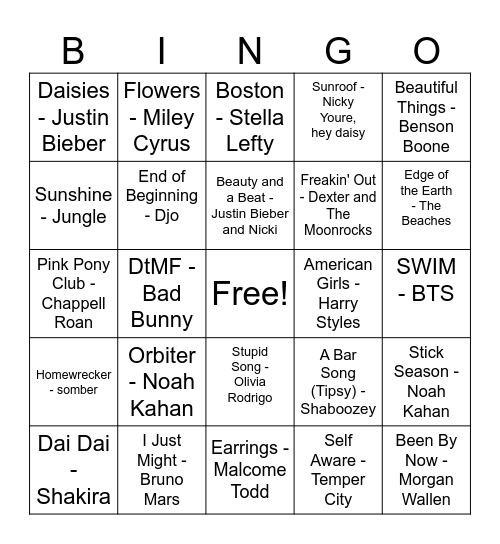 Music Bingo Card