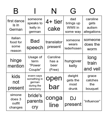 Simone’s Wedding Bingo Card