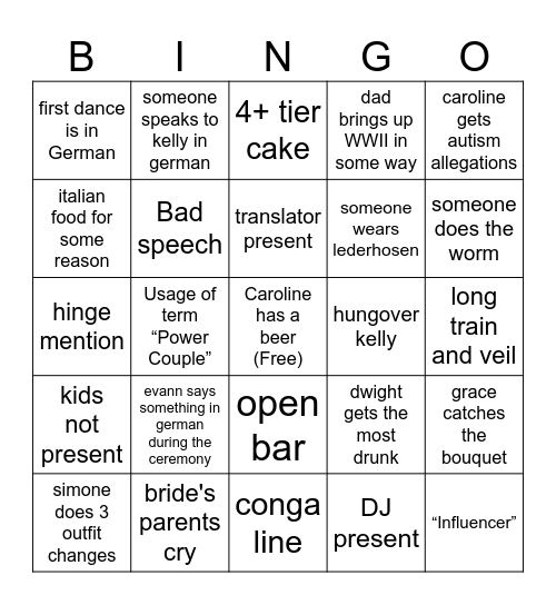 Simone’s Wedding Bingo Card