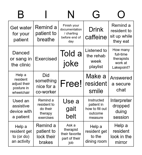 Rehab Week Bingo Card