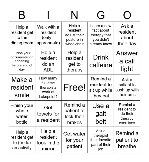 Rehab Week Bingo Card