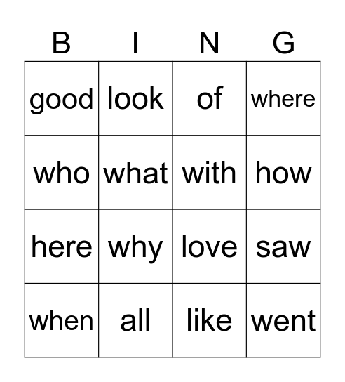 Sight Words Bingo Card