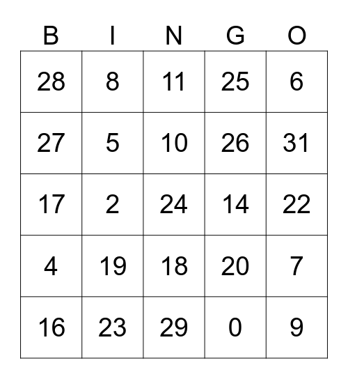 numeros 0-31 Bingo Card