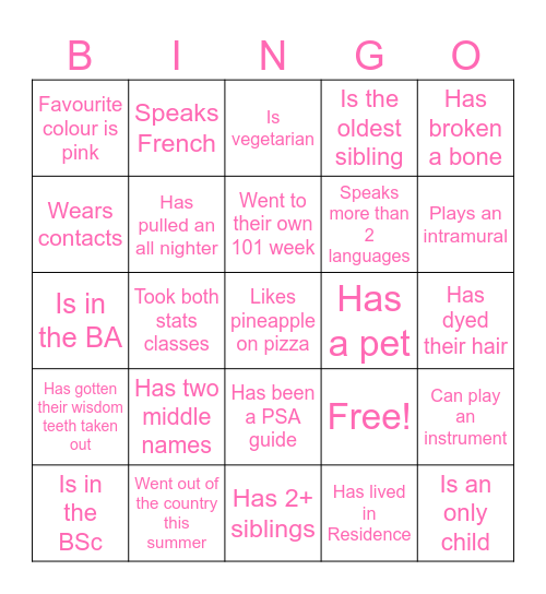 PSAÉP 101 Week Guide Bonding Bingo Card