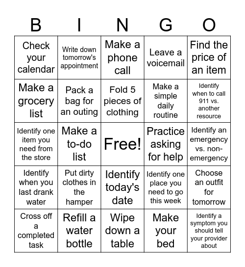 iADL's Bingo Card
