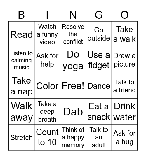 Coping Skills Bingo Card