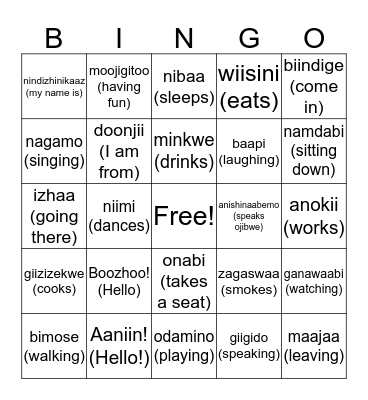 Anishinaabe Bingo (Verbs) Bingo Card